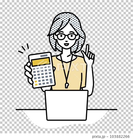 座ってデスクでノートPCを開いて電卓を持ってこちらに向けて見せている教師の女性 座ってデスクでノートPCを開いて電卓を持ってこちらに向けて見せている教師の女性 103882266
