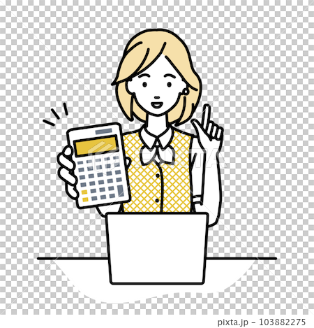 座ってデスクでノートPCを開いて電卓を持ってこちらに向けて見せている事務員制服の女性 座ってデスクでノートPCを開いて電卓を持ってこちらに向けて見せている事務員制服の女性 103882275