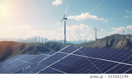 Solar energy panels photovoltaic cells and wind turbines with backdrop of nature landscape, mountains and blue sky. Production of renewable green energy. Sustainable development concept. Solar energy panels photovoltaic cells and wind turbines with backdrop of nature landscape, mountains and blue sky. Production of renewable green energy. Sustainable development concept. 103882296