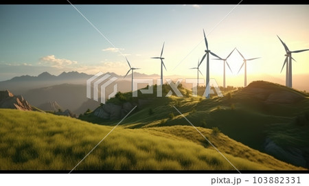 Wind turbines on the green hills against the colorful sunset sky. Production of renewable green energy. Sustainable development concept. Mock up, 3D rendering. 103882331