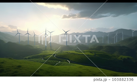 Wind turbines on the green hills against the colorful sunset sky. Production of renewable green energy. Sustainable development concept. Mock up, 3D rendering. 103882336