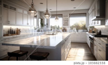 Modern luxury white kitchen. Large kitchen island with marble countertops and bar stools, luxurious chandeliers, expensive kitchen appliances, large windows with garden view. Modern luxury white kitchen. Large kitchen island with marble countertops and bar stools, luxurious chandeliers, expensive kitchen appliances, large windows with garden view. 103882338