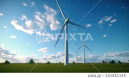 Wind turbines on the green field against the blue sky. Production of renewable green energy. Sustainable development concept. Mock up, 3D rendering. Wind turbines on the green field against the blue sky. Production of renewable green energy. Sustainable development concept. Mock up, 3D rendering. 103882354