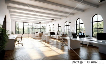 Loft-style open space office with floor-to-ceiling windows and city views. Light concrete walls and wooden floors, large tables, comfortable chairs, desktop computers, plants in floor tubs. Loft-style open space office with floor-to-ceiling windows and city views. Light concrete walls and wooden floors, large tables, comfortable chairs, desktop computers, plants in floor tubs. 103882358