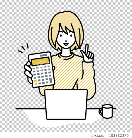 A woman in a sweatshirt sitting at her desk, opening her laptop, holding a calculator, and showing it to me A woman in a sweatshirt sitting at her desk, opening her laptop, holding a calculator, and showing it to me 103882376