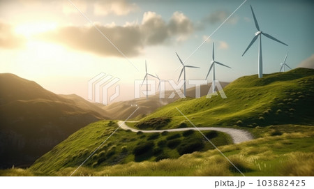 Wind turbines on the green hills against the colorful sunset sky. Production of renewable green energy. Sustainable development concept. Mock up, 3D rendering. 103882425