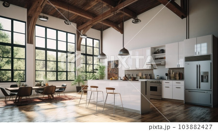 Stylish spacious loft style kitchen with dining area. White facades, a bar with bar stools, a wooden dining table with chairs, panoramic windows overlooking the garden. 103882427