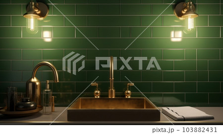 A golden sink with a tall golden faucet in a classic luxury bathroom, green tile walls, old-fashioned sconces, a towel and a soap dispenser. Retro style in the interior of the bathroom. Close up shot. 103882431