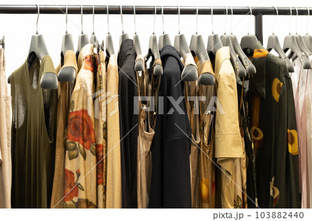 Clothes and dresses in neutral shades on a hanger 103882440