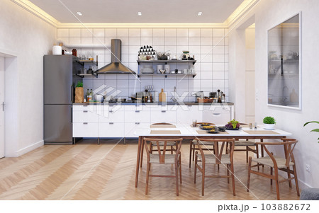 Apartment interior with kitchen. 3d 103882672