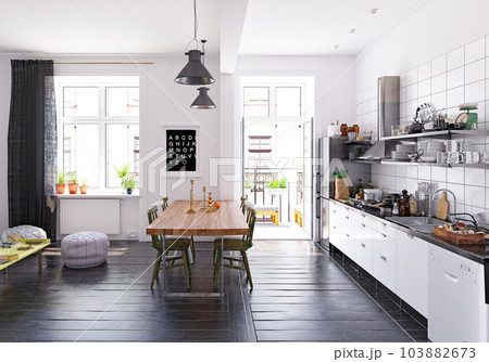 Apartment interior with kitchen. 3d 103882673