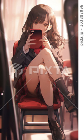 A high school girl leaning on the back of a - Stock