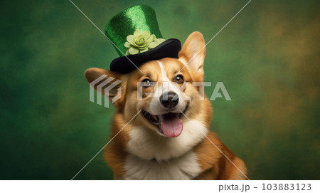 Happy Corgi dog celebrates St. Patrick's Day, an Irish holiday in March, a green hat, a suit. generated ai. 103883123