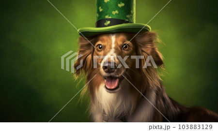 The Border Collie dog celebrates St. Patrick's Day, an Irish holiday in March, a green hat, a suit. generated ai. The Border Collie dog celebrates St. Patrick's Day, an Irish holiday in March, a green hat, a suit. generated ai. 103883129
