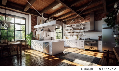 Spacious loft style kitchen with dining area. White facades, open shelves, modern kitchen appliances, wooden floor, wooden ceiling with beams, green plants, panoramic windows with garden view. 103883242