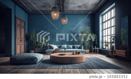 Modern elegant minimalistic luxury living room in blue tones. Blue walls, sofa and ottoman, round coffee table, parquet floor and gray vintage carpet, live plants in floor pots, panoramic windows. 103883352