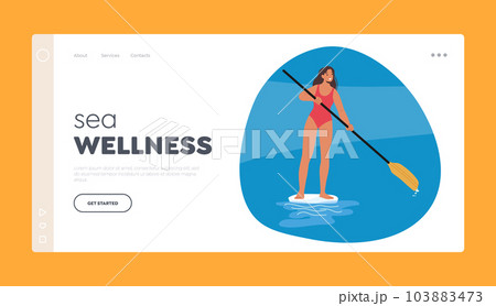 Sea Wellness Landing Page Template. Female Paddleboarder Gracefully Glides Across The Water, Vector Illustration Sea Wellness Landing Page Template. Female Paddleboarder Gracefully Glides Across The Water, Vector Illustration 103883473