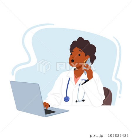 Busy Female Doctor Character Multitasking, Working On A Laptop While Handling A Phone Call. Efficiently Managing Records 103883485