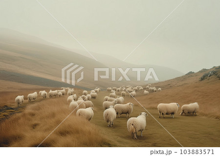 霧がかった丘にいる羊　AI画像 103883571