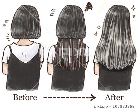 シールエクステbefore・after(重めボブからロングヘアに大変身)バレイヤージュ イラストのイラスト素材 [103883868] - PIXTA