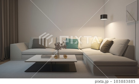 Modern minimalist living room in light monochrome colors. White walls, large corner sofa, coffee table with flowers in a vase, floor lamp, carpet, poster on the wall. Mockup, 3D rendering. 103883885