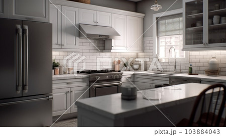 Modern white Scandinavian style kitchen with kitchen island and white marble countertops. Modern kitchen appliances in a spacious kitchen. White tiles on the wall as an imitation of bricks. 103884043