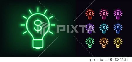 Outline neon money lamp icon set. Glowing neon lamp with dollar sign, invest money idea. Creative idea for profit startup and money earn, business innovation and investment solution Outline neon money lamp icon set. Glowing neon lamp with dollar sign, invest money idea. Creative idea for profit startup and money earn, business innovation and investment solution 103884535