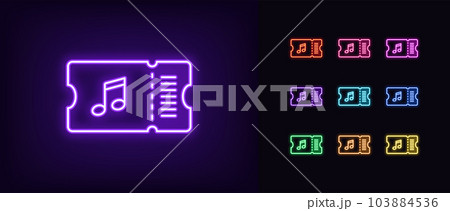 Outline neon musical ticket icon set. Glowing neon ticket with music note sign, gift coupon for sound show. Pass card for dance festival and disco party, musical concert and performance 103884536