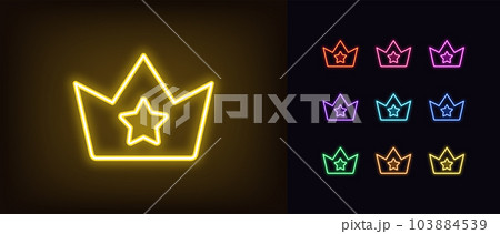 Outline neon star crown icon set. Glowing neon royal crown with star sign, superstar kingdom. Great celebrity, popularity and authority, luxury corona, premium reward and top rank, glory Outline neon star crown icon set. Glowing neon royal crown with star sign, superstar kingdom. Great celebrity, popularity and authority, luxury corona, premium reward and top rank, glory 103884539