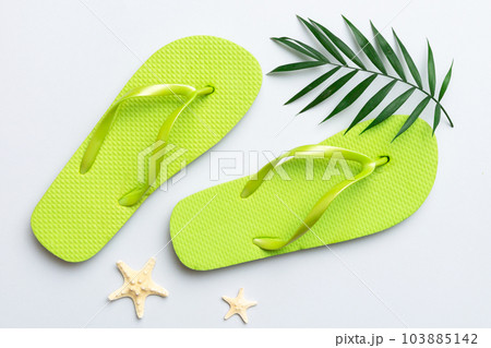 Flat lay composition with flip flops and seashell on colored background. Space for text top view Flat lay composition with flip flops and seashell on colored background. Space for text top view 103885142
