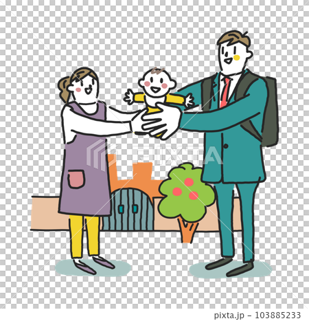 A young father who leaves his baby at the nursery school before going to work, or a foster father who picks him up at the nursery school before returning home Illustration material A young father who leaves his baby at the nursery school before going to work, or a foster father who picks him up at the nursery school before returning home Illustration material 103885233