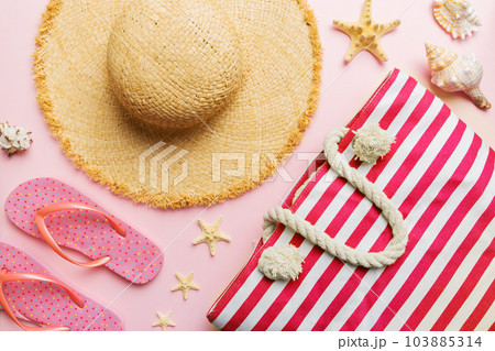 Summer vacation concept flat lay. beach accessories and towel top view. Space for text. travel concept Summer vacation concept flat lay. beach accessories and towel top view. Space for text. travel concept 103885314