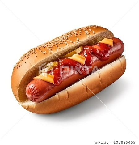 Hot dog with mustard and ketchup on a white background 103885455