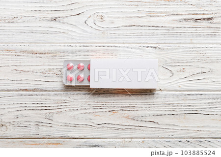 Blank White Product Package Box Mock-up. Open blank medicine drug box with blister top view Blank White Product Package Box Mock-up. Open blank medicine drug box with blister top view 103885524