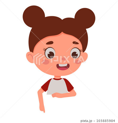 Cute little girl points his finger at the empty poster. Template for children design. Cartoon schoolgirl character. Vector illustration 103885984