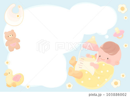 大きな哺乳瓶を抱っこする赤ちゃんとフキダシ 大きな哺乳瓶を抱っこする赤ちゃんとフキダシ 103886002