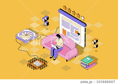 Online reading concept in 3d isometric design. Woman read e-book using laptop program, buying electronic literature at online bookstore. Vector illustration with isometry people scene for web graphic 103886007