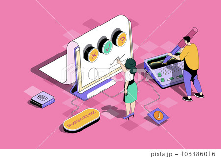 Electronic contract concept in 3d isometric design. Businessman and businesswoman signing agreement legal document in digital form. Vector illustration with isometry people scene for web graphic 103886016