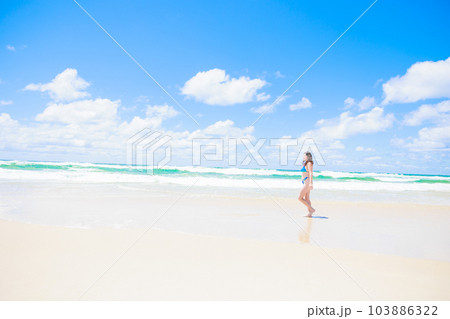 青い空と海の前を歩くビキニの白人女性 103886322