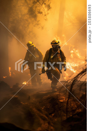 AI generated Firefighters fighting a fire in a...のイラスト素材 [103886693 ...