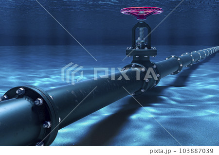 Pipeline lying on ocean bottom underwater, 3D rendering 103887039