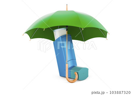 Metered-dose inhaler, MDI under umbrella. 3D rendering 103887320