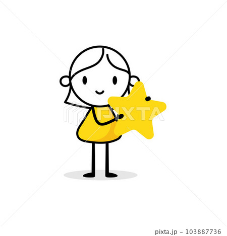 Comic woman character holds a star in her hands. Customer reviews, feedback, evaluation, rate the service concept. Vector stock illustration 103887736