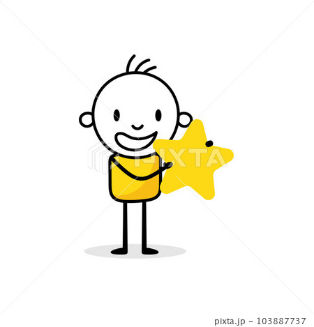 Comic man character holds a star in his hands. Customer reviews, feedback, evaluation, rate the service concept. Vector stock illustration Comic man character holds a star in his hands. Customer reviews, feedback, evaluation, rate the service concept. Vector stock illustration 103887737
