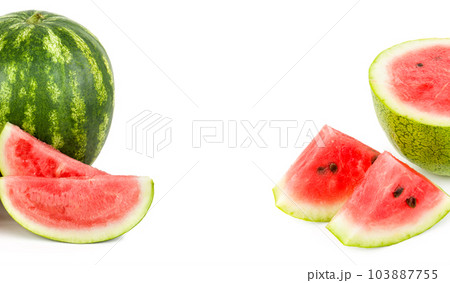 Ripe watermelon and appetizing watermelon slices isolated on white . Wide photo. There is space for text. Collage. Ripe watermelon and appetizing watermelon slices isolated on white . Wide photo. There is space for text. Collage. 103887755