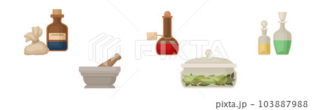 Ancient Medicine with Vial, Bay Leaf and Pestle with Mortar Vector Set Ancient Medicine with Vial, Bay Leaf and Pestle with Mortar Vector Set 103887988