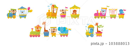 Cute Animals Riding Train Having Adventure Vector Set 103888013