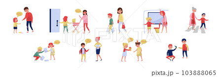 Kids with Good Manners Apologize, Give Gift Box, Greeting and Carry Shopping Bag Vector Set 103888065