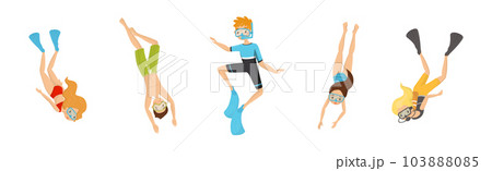 Diving Man and Woman with Breathing Equipment and Flippers Diving Underwater Vector Set Diving Man and Woman with Breathing Equipment and Flippers Diving Underwater Vector Set 103888085