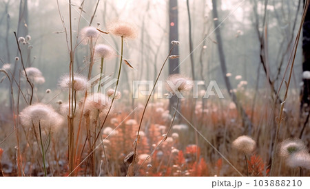 Beautiful wildflowers on a green meadow. Warm summer evening, beautiful sunlight, magical landscape of beautiful different flowers dreamy 103888210
